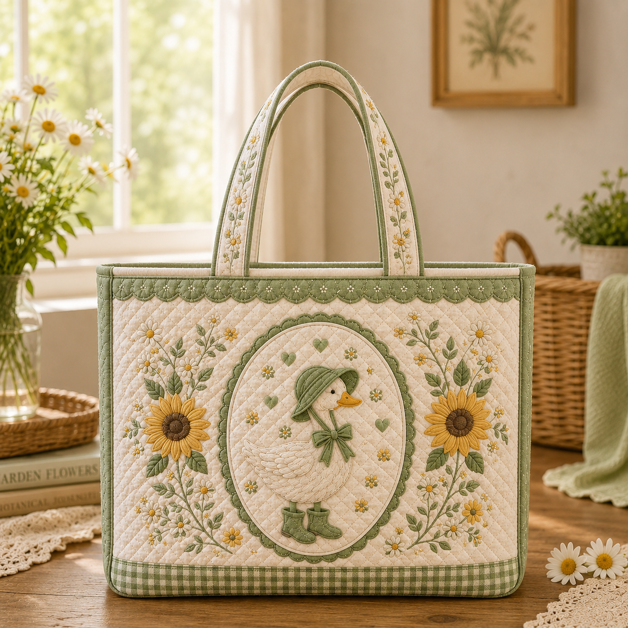 Green Goose Quilted Tote, Cottagecore Floral, Gift for Women