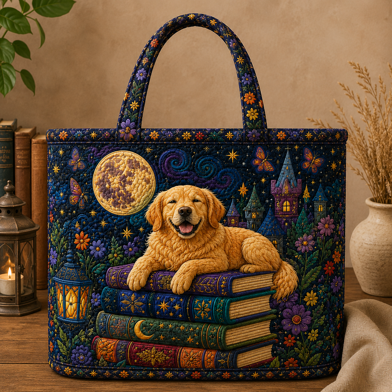 Golden Retriever Quilted Tote, Dog Book Lover Gift, Library Bag