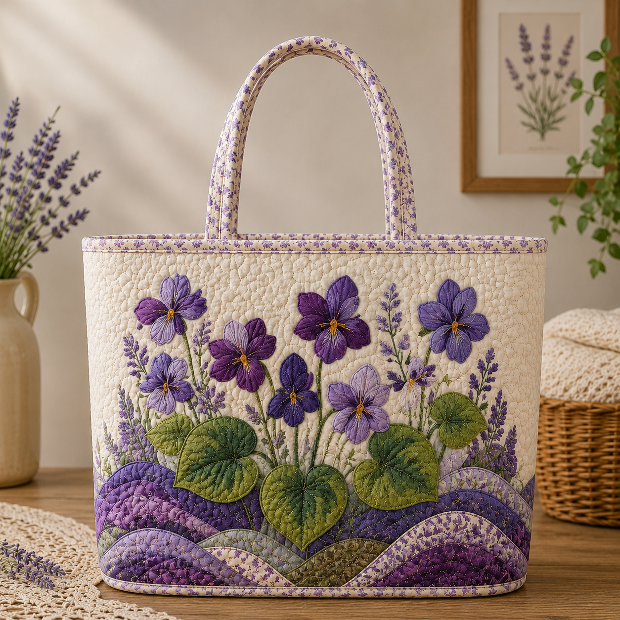 Iris Charm Quilted Tote Bag, Purple Floral Cottagecore Purse
