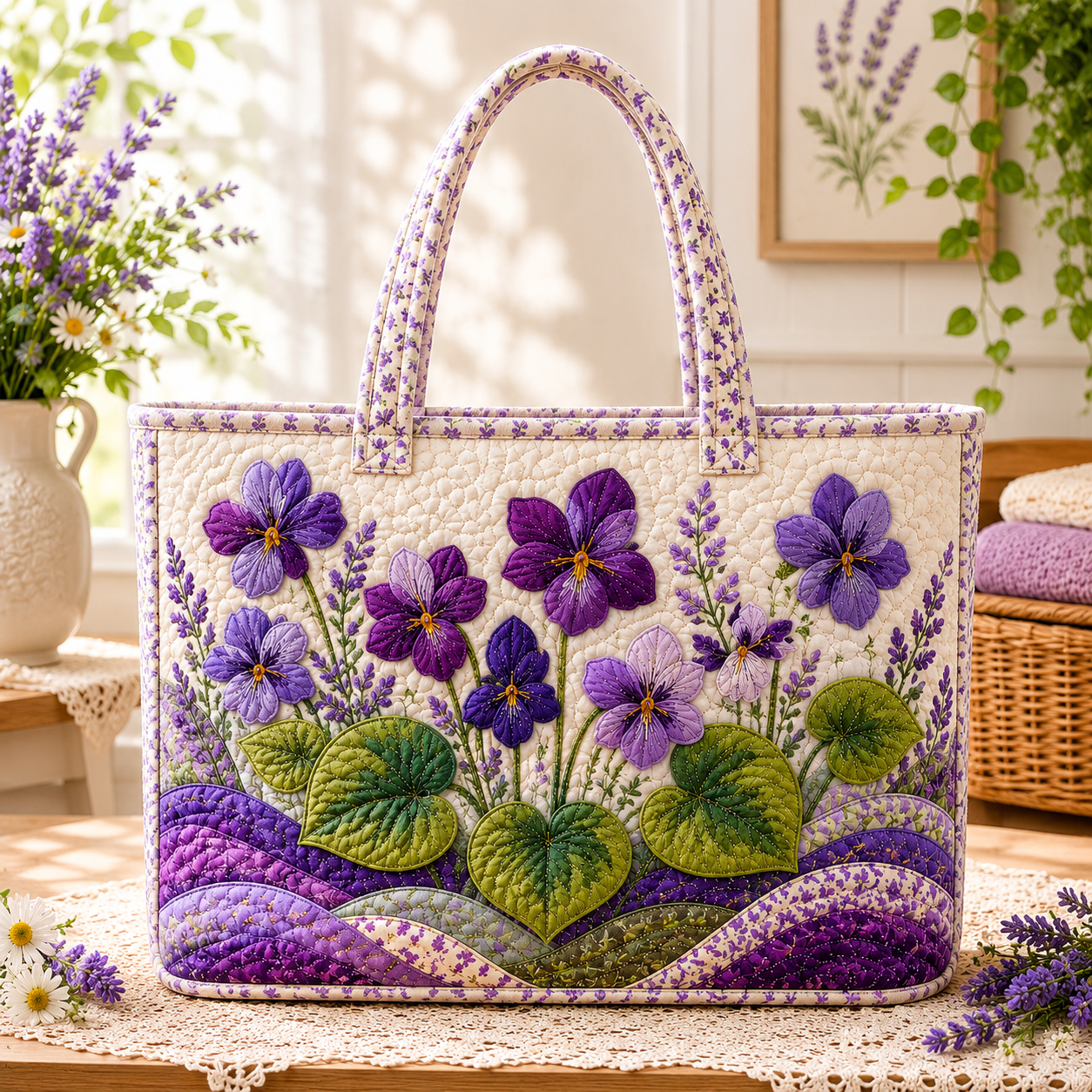 Iris Charm Quilted Tote Bag, Purple Floral Cottagecore Purse