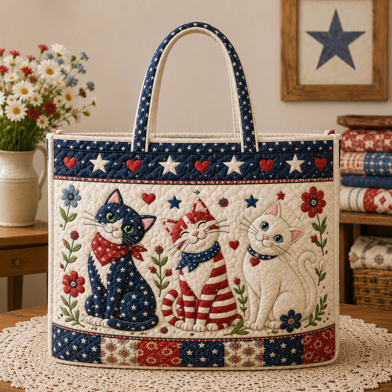 Cat 4th of July Quilted Tote Bag, Patriotic Cat Lover Tote, Farmhouse USA Bag, Independence Day Gift