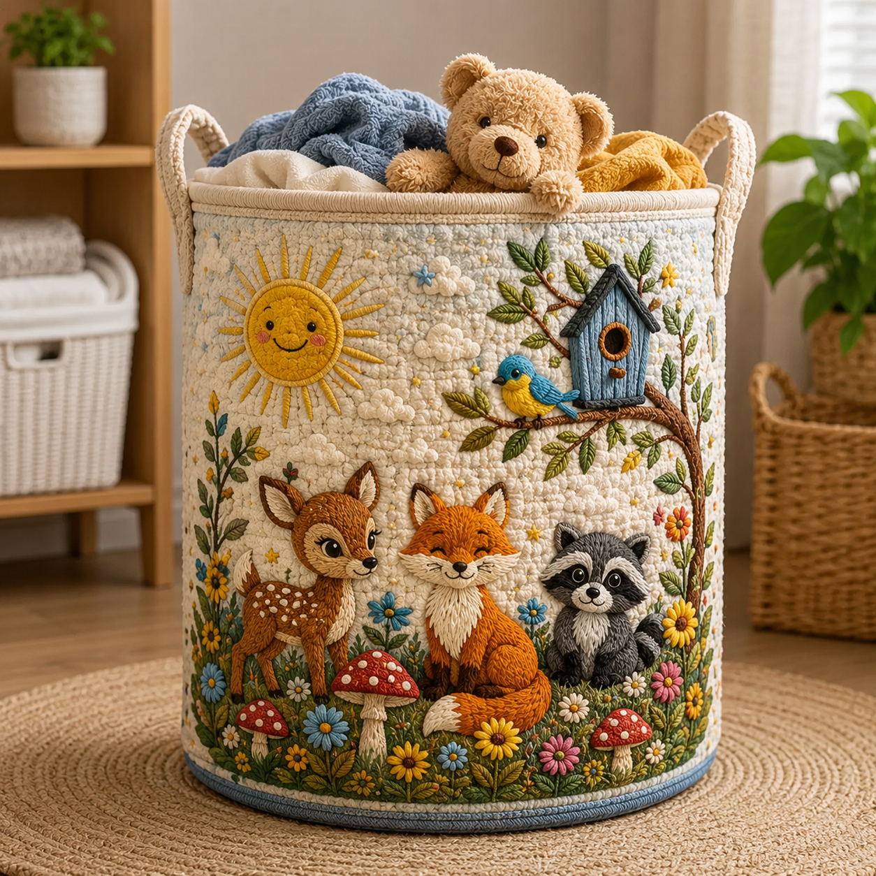 Woodland Animals Quilted Laundry Basket, Fox Owl, Kids Room