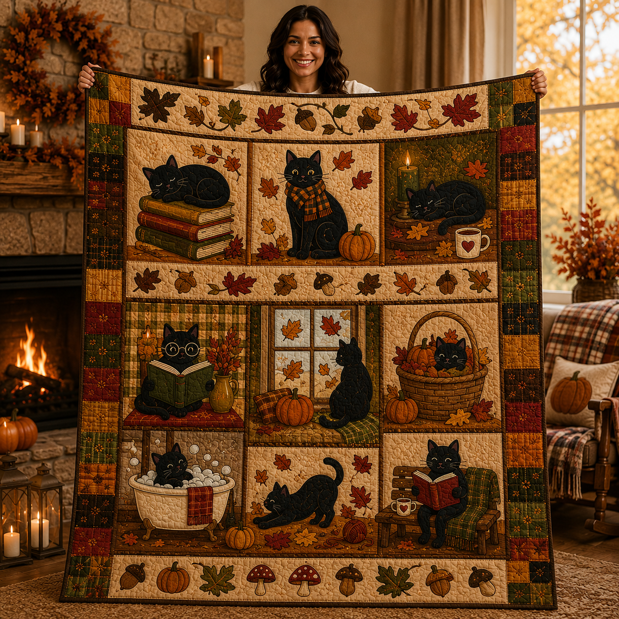 Black Cat Reading Book Quilt, Fall Halloween Throw, Cat Lover Gift