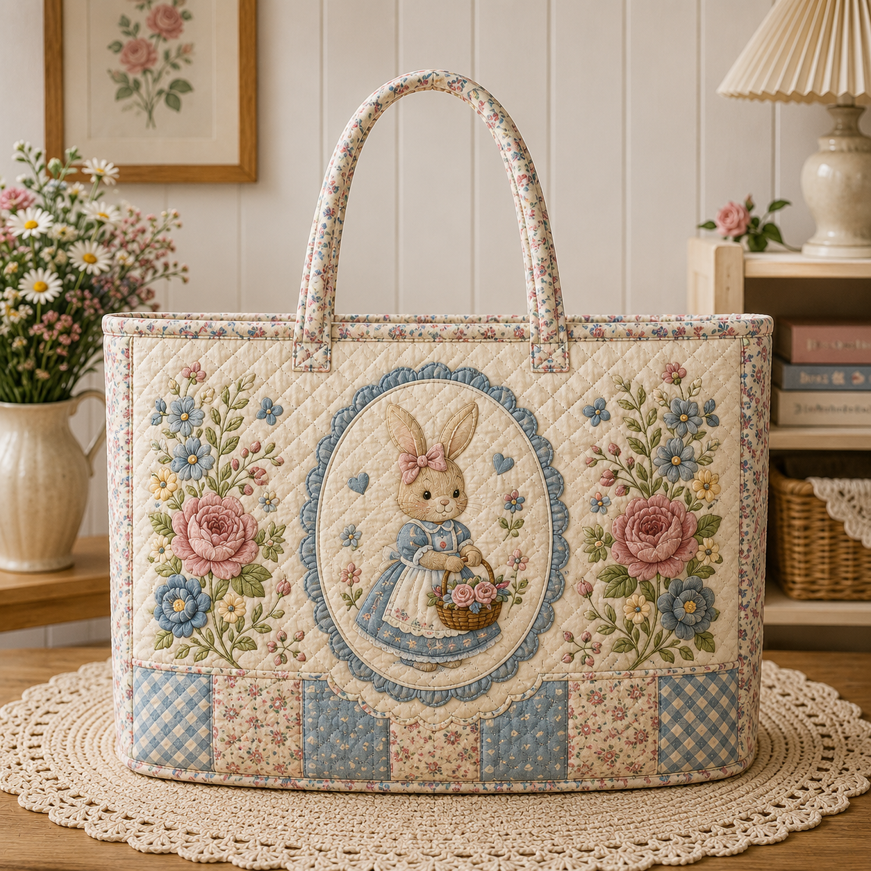 Vintage Bunny Quilted Tote Bag, Floral Rabbit Patchwork, Easter Gift