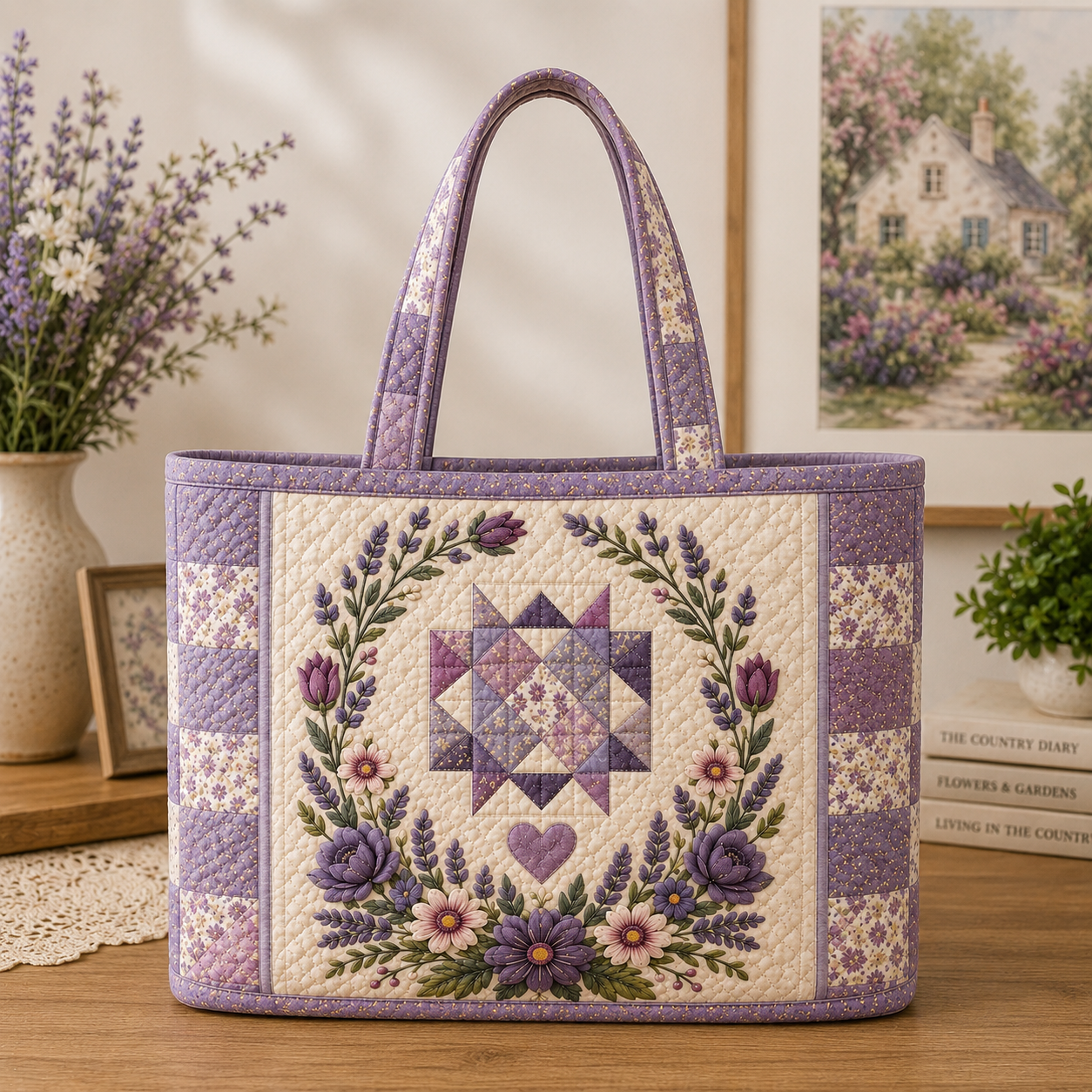 Lavender Floral Quilted Tote Bag, Purple Patchwork Gift for Her