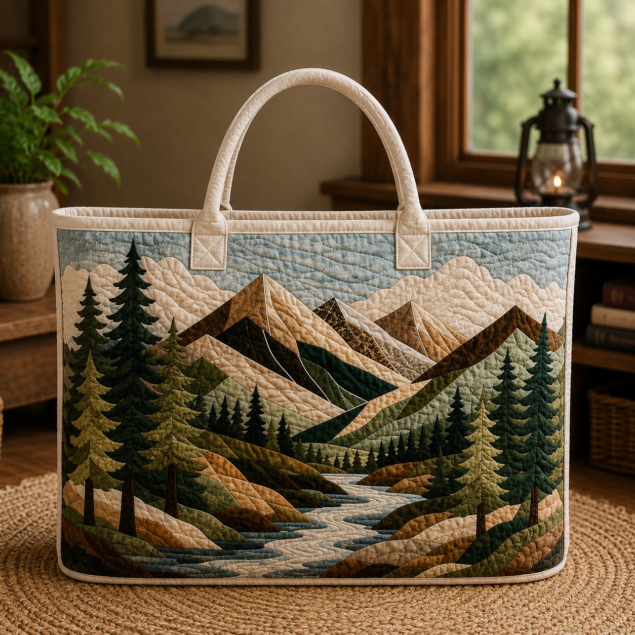 Mountain Landscape Quilted Tote, Forest Patchwork Carryall, Hiking Gift