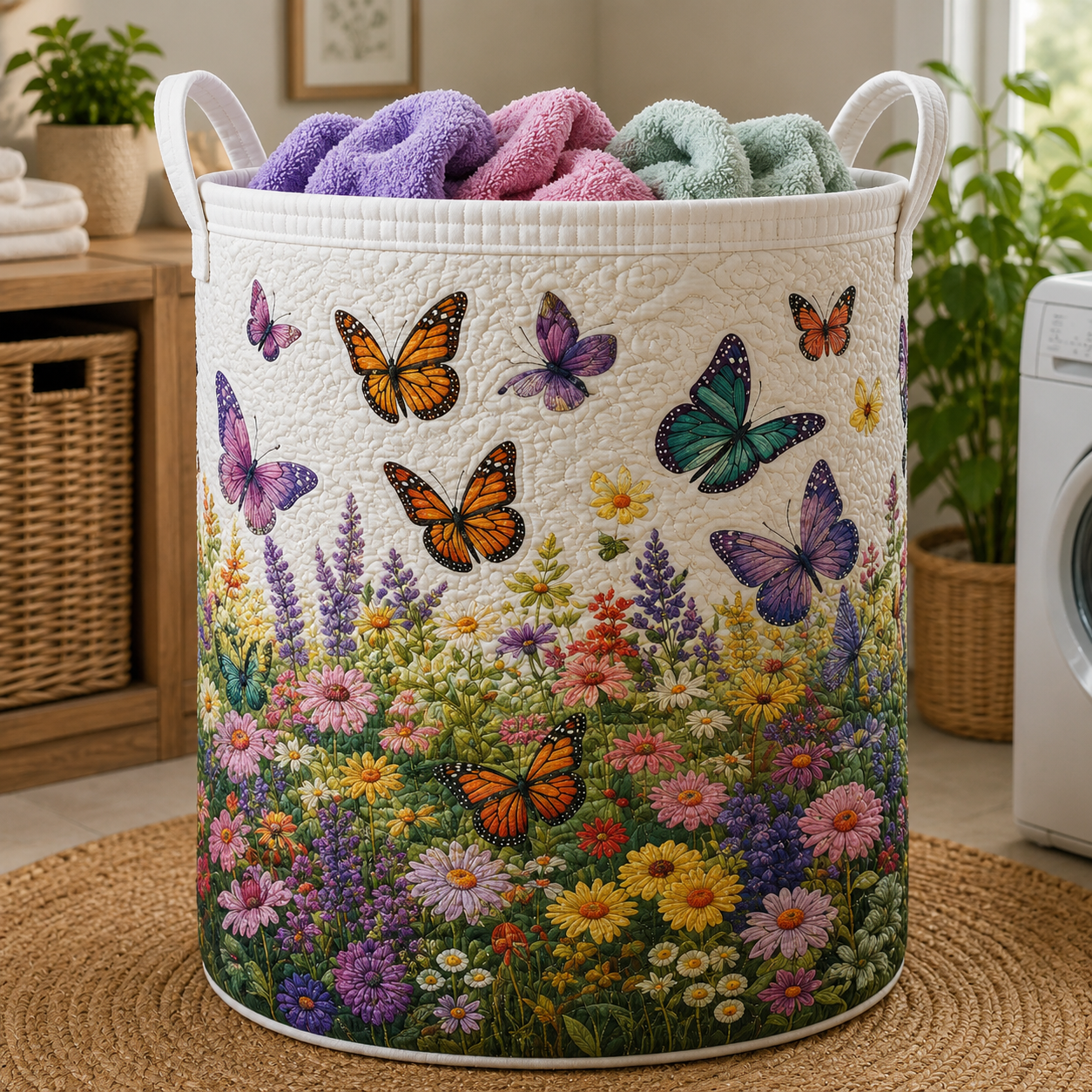 Colorful Butterfly Quilted Laundry Basket, Cottagecore Floral