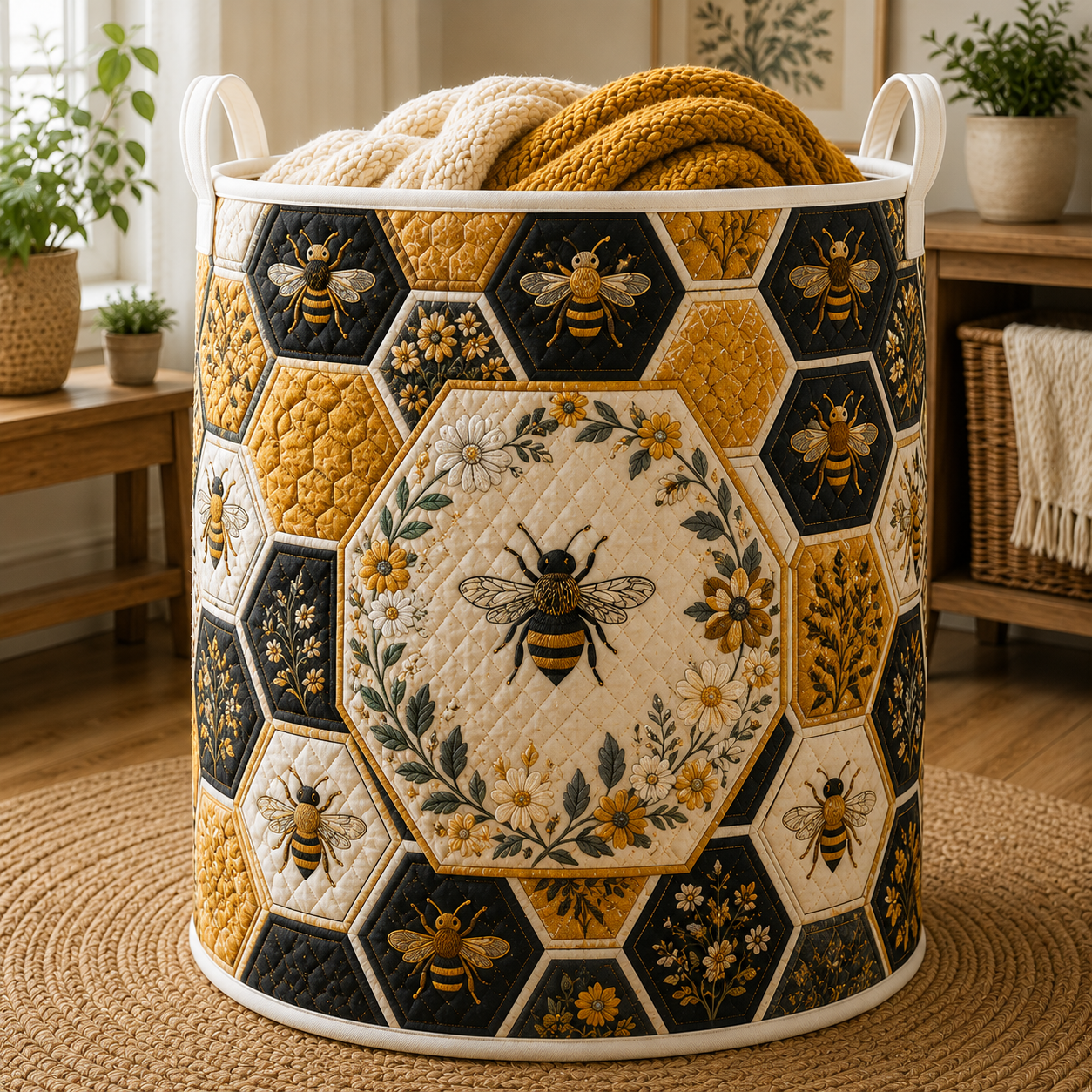 Bee Quilted Laundry Basket, Sunflower Cottagecore Hamper, Farmhouse Decor