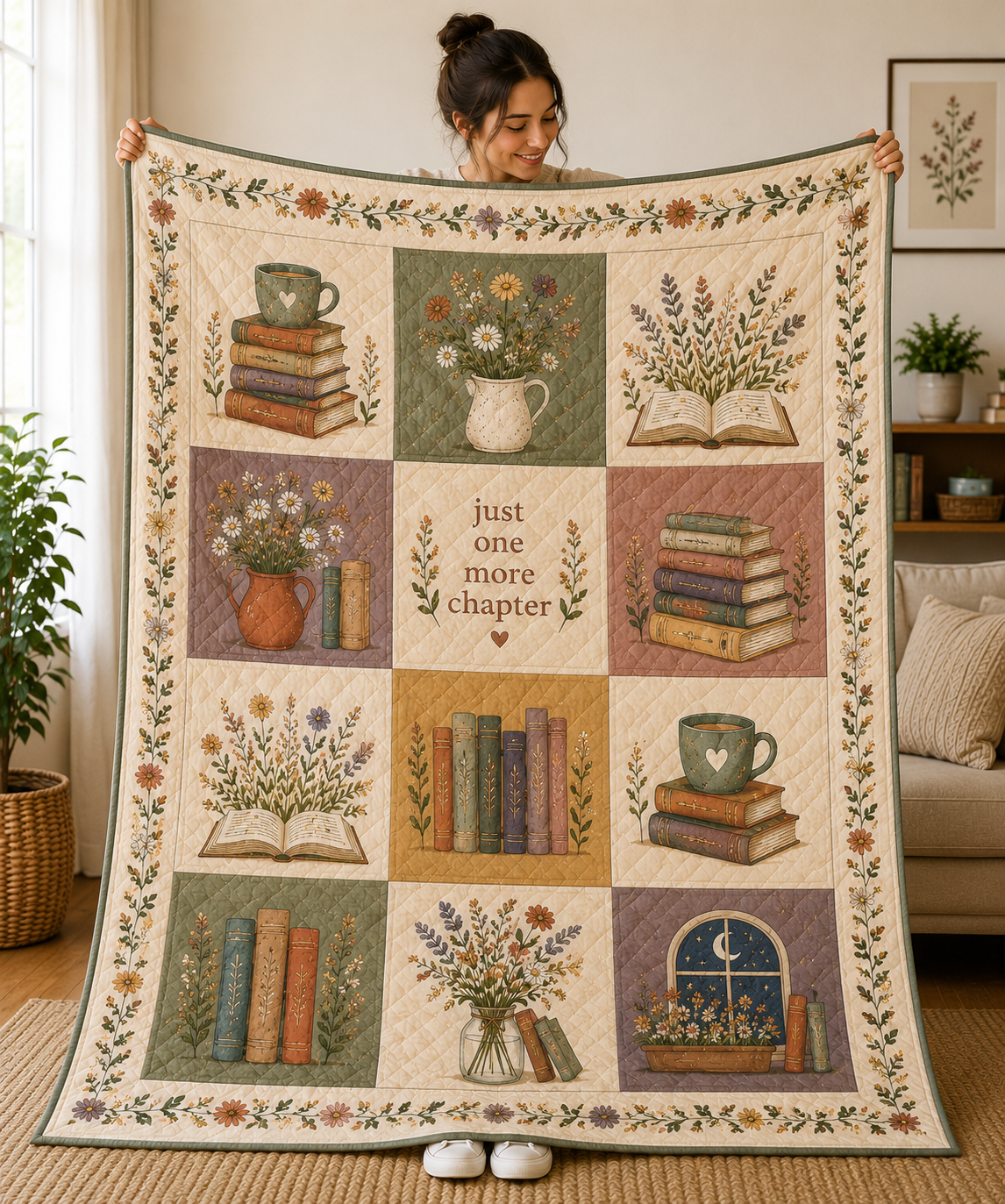 Floral Book Quilt Blanket, Book Lover Throw, Reader Gift for Her