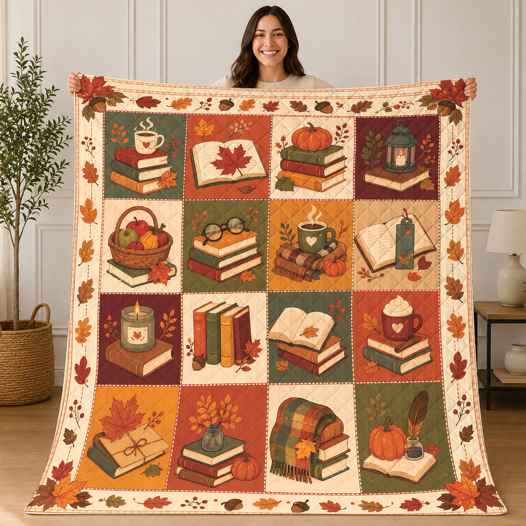 Fall Reading Quilt Blanket, Autumn Patchwork Throw, Cozy Pumpkin Library Decor, Gift for Readers UOZO18