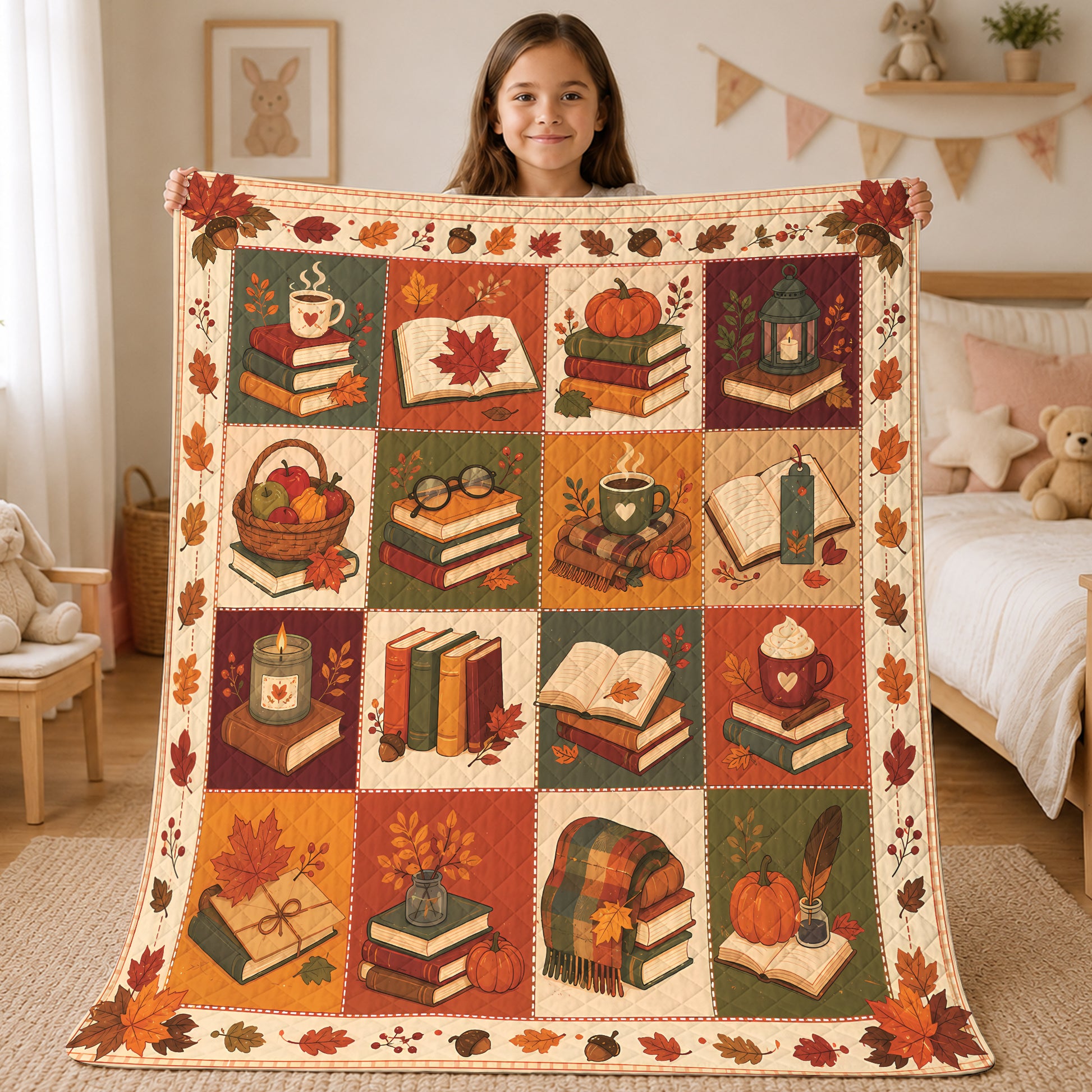 Fall Reading Quilt Blanket, Autumn Patchwork Throw, Cozy Pumpkin Library Decor, Gift for Readers UOZO18