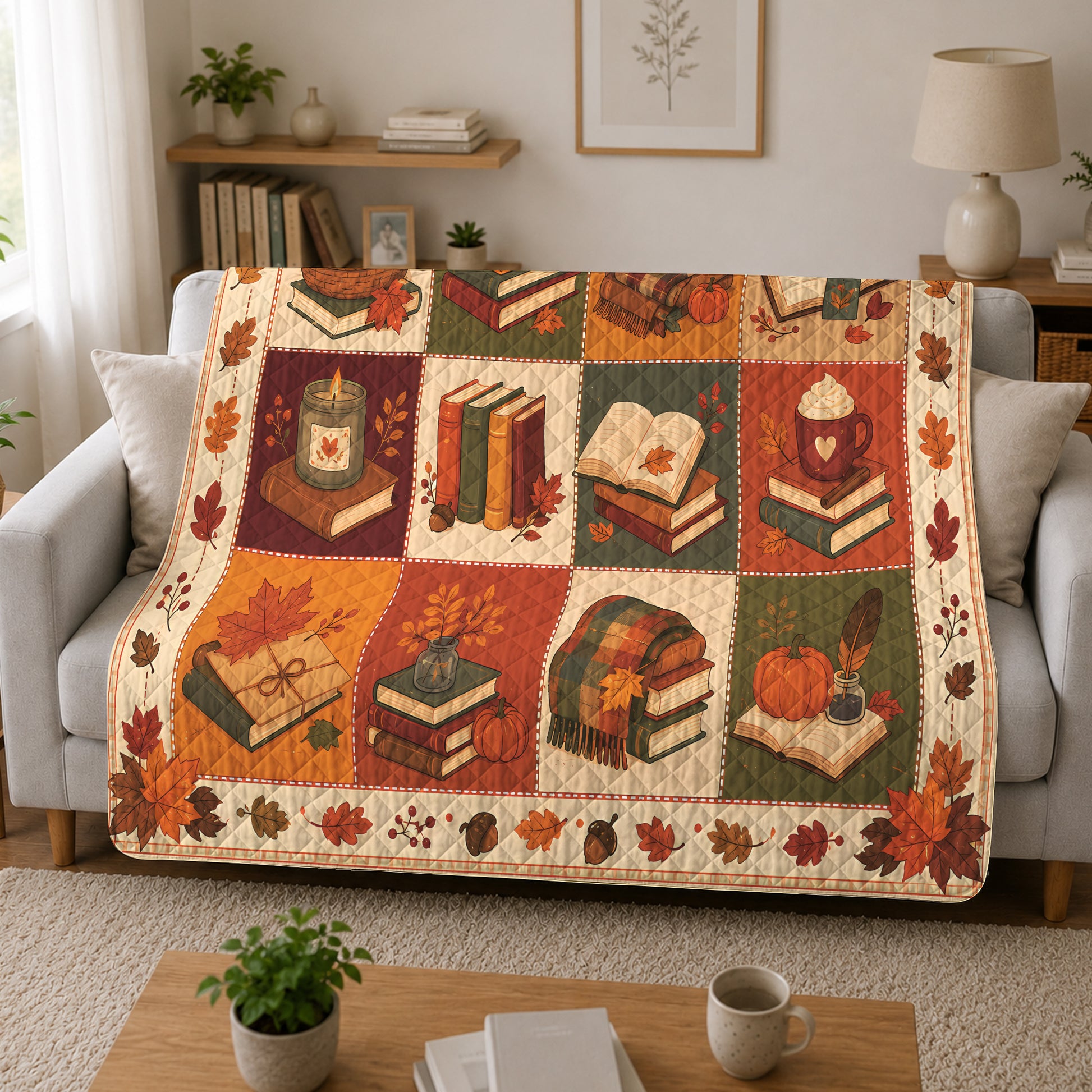 Fall Reading Quilt Blanket, Autumn Patchwork Throw, Cozy Pumpkin Library Decor, Gift for Readers UOZO18