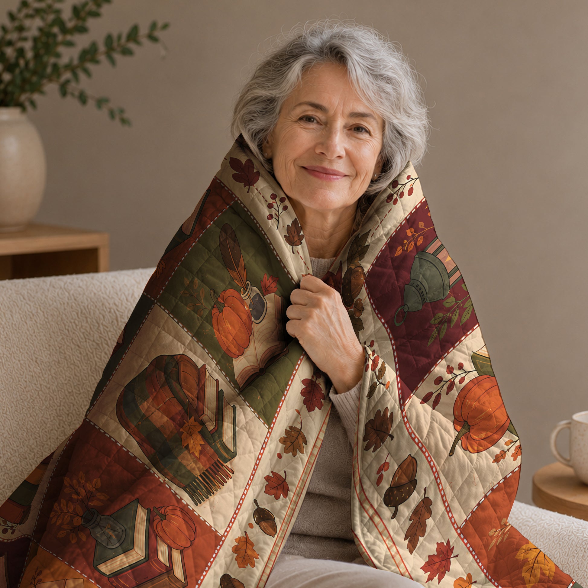 Fall Reading Quilt Blanket, Autumn Patchwork Throw, Cozy Pumpkin Library Decor, Gift for Readers UOZO18
