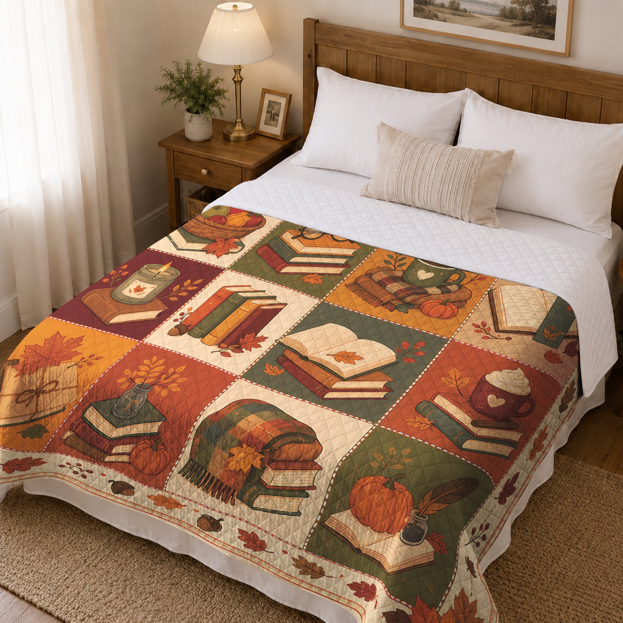 Fall Reading Quilt Blanket, Autumn Patchwork Throw, Cozy Pumpkin Library Decor, Gift for Readers UOZO18