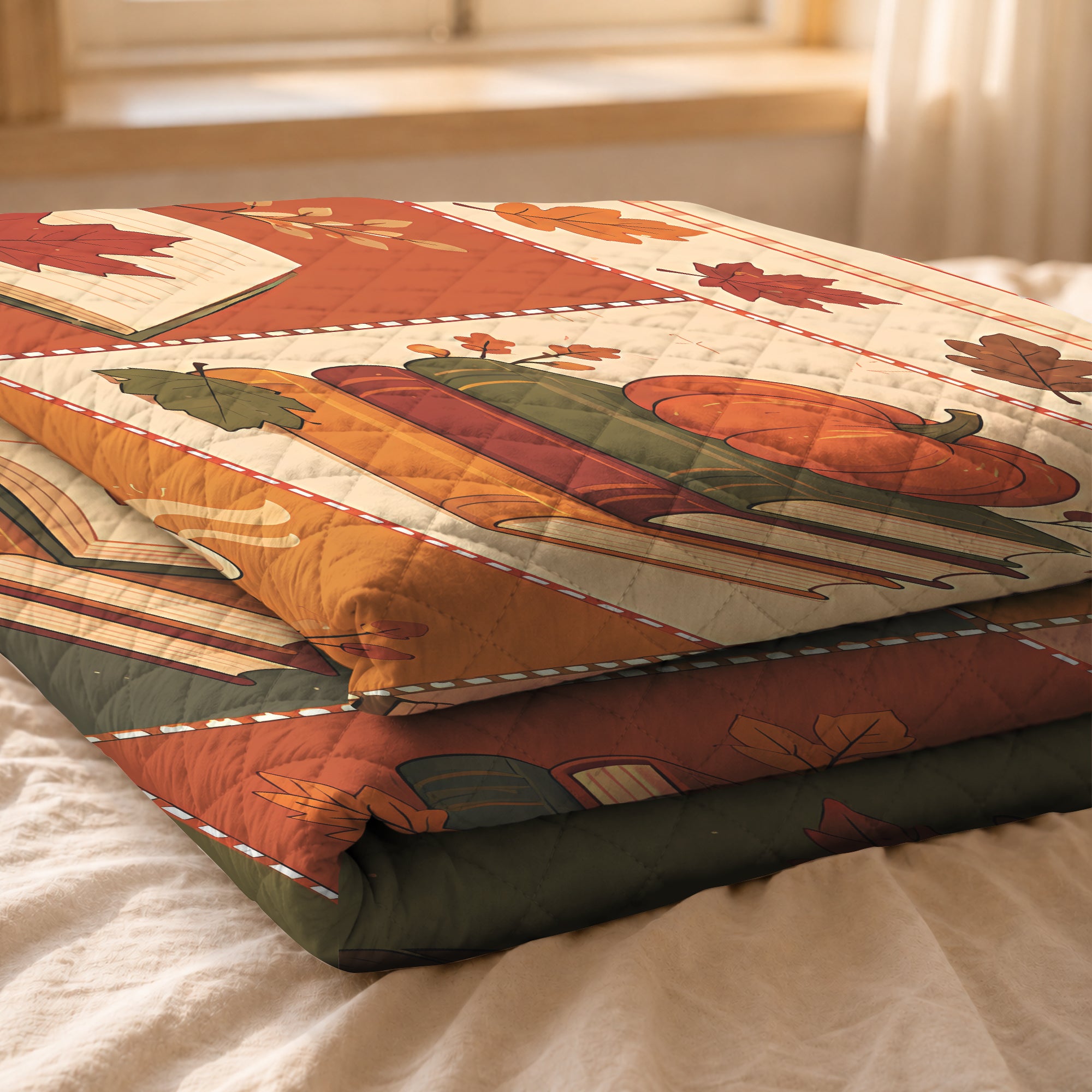 Fall Reading Quilt Blanket, Autumn Patchwork Throw, Cozy Pumpkin Library Decor, Gift for Readers UOZO18