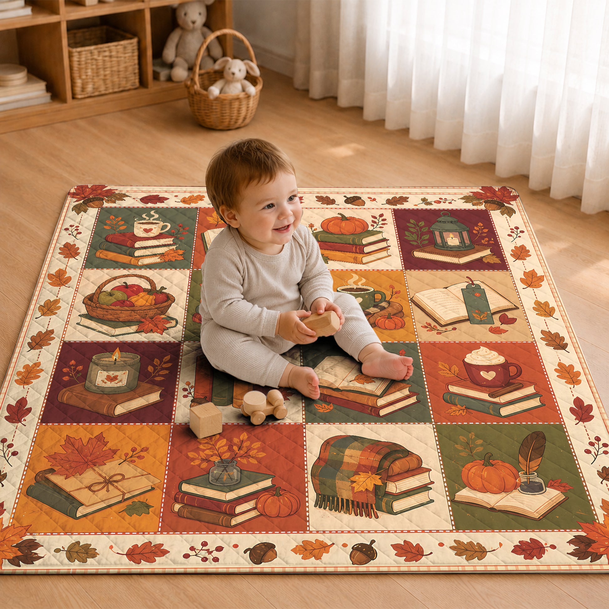 Fall Reading Quilt Blanket, Autumn Patchwork Throw, Cozy Pumpkin Library Decor, Gift for Readers UOZO18