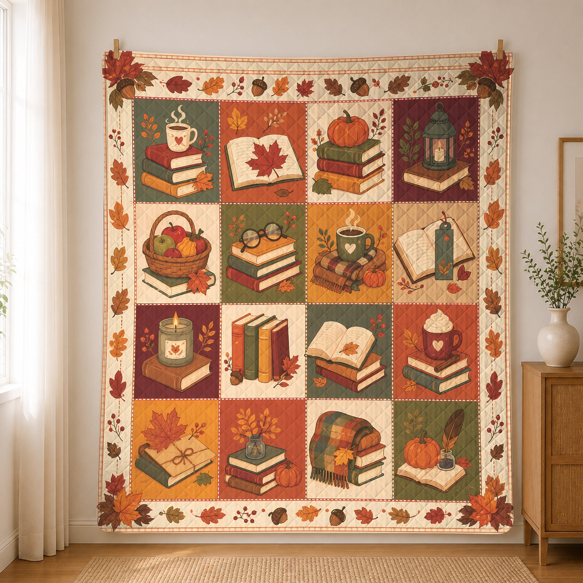 Fall Reading Quilt Blanket, Autumn Patchwork Throw, Cozy Pumpkin Library Decor, Gift for Readers UOZO18