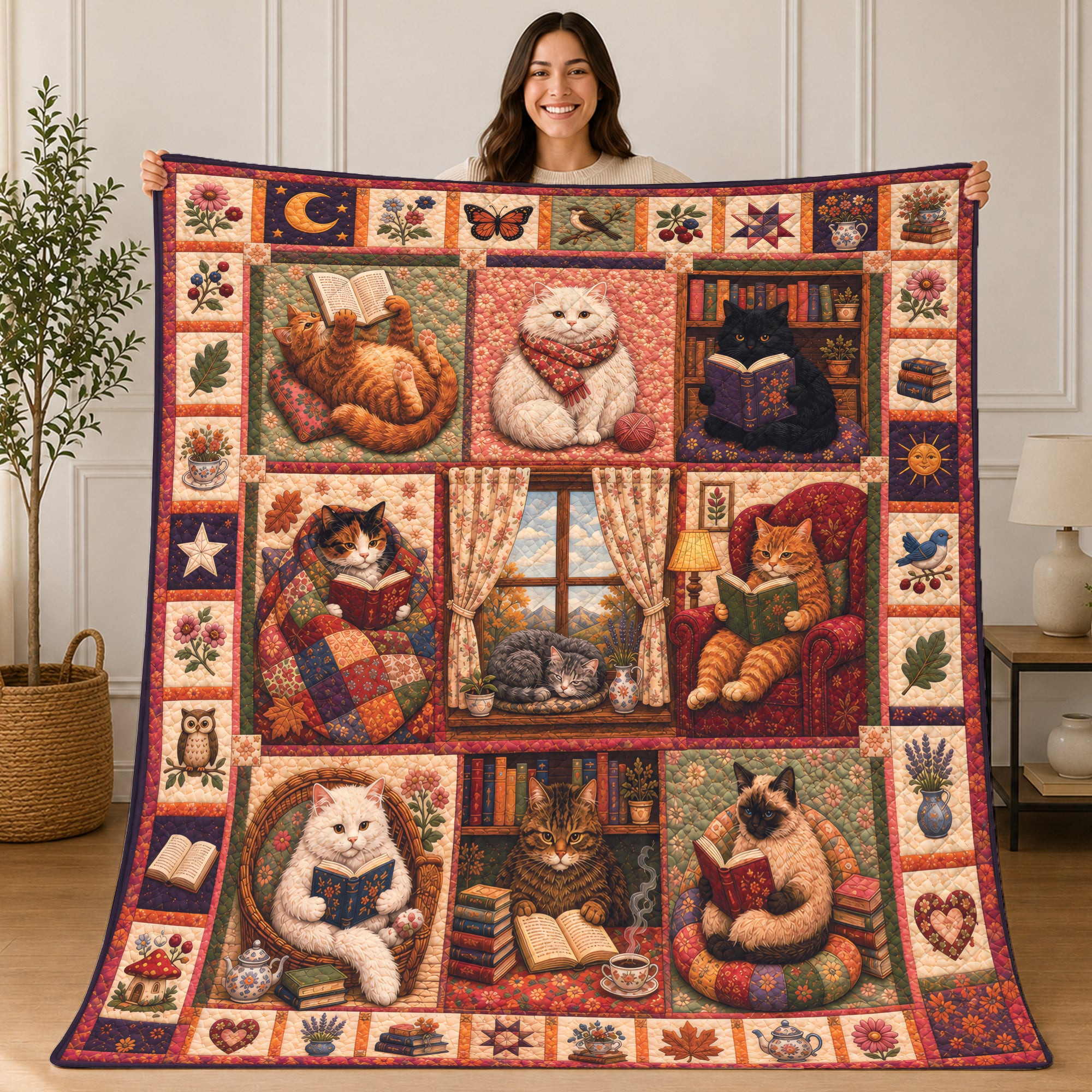 Cat Reading Book Quilt, Cottagecore Floral, Reader Gift for Her