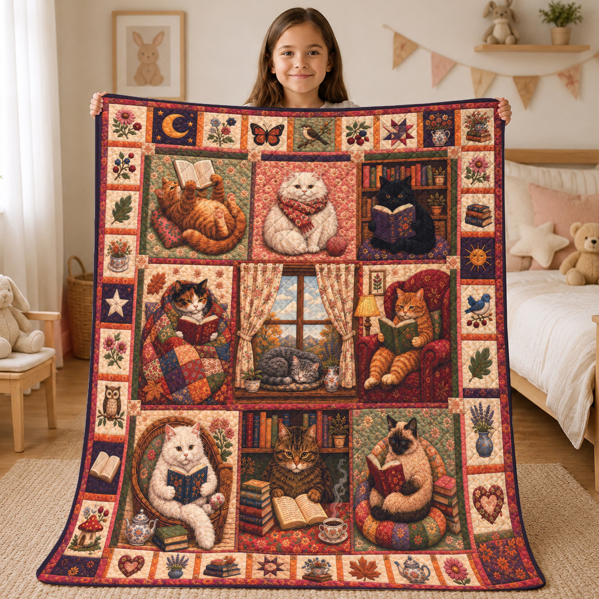 Cat Reading Book Quilt, Cottagecore Floral, Reader Gift for Her