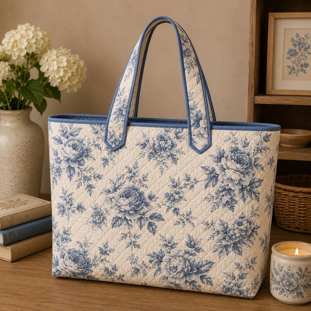 Blue Floral Quilted Tote Bag, Cottagecore Botanical Market Tote