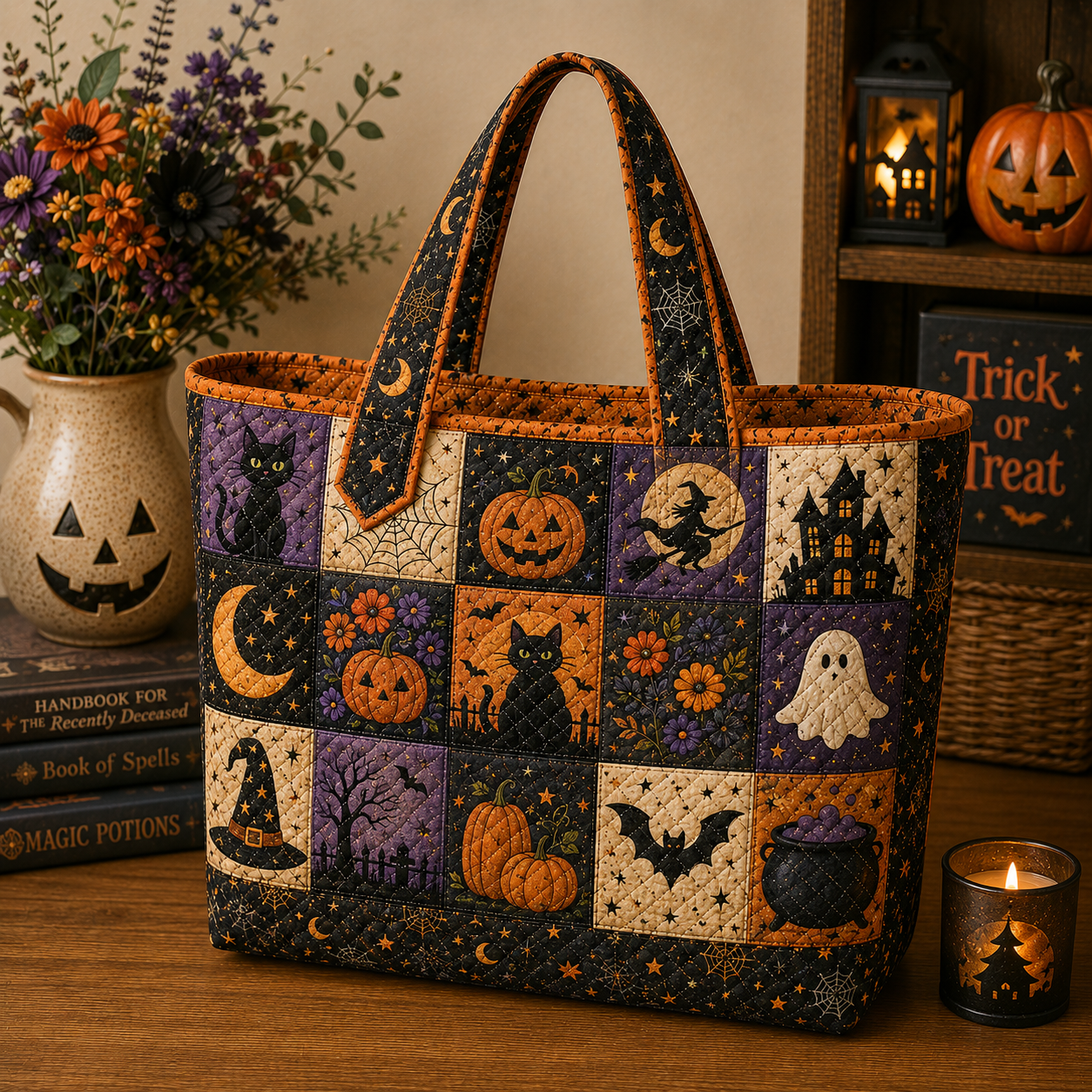 Halloween Quilted Tote Bag, Spooky Pumpkin Ghost Market Tote