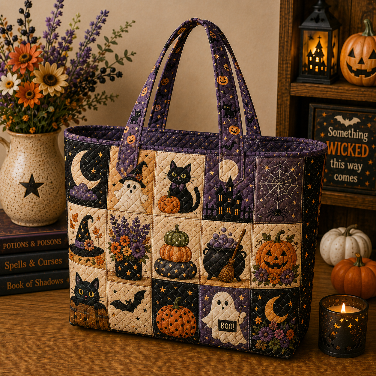Halloween Quilted Tote Bag, Spooky Pumpkin Ghost Market Tote