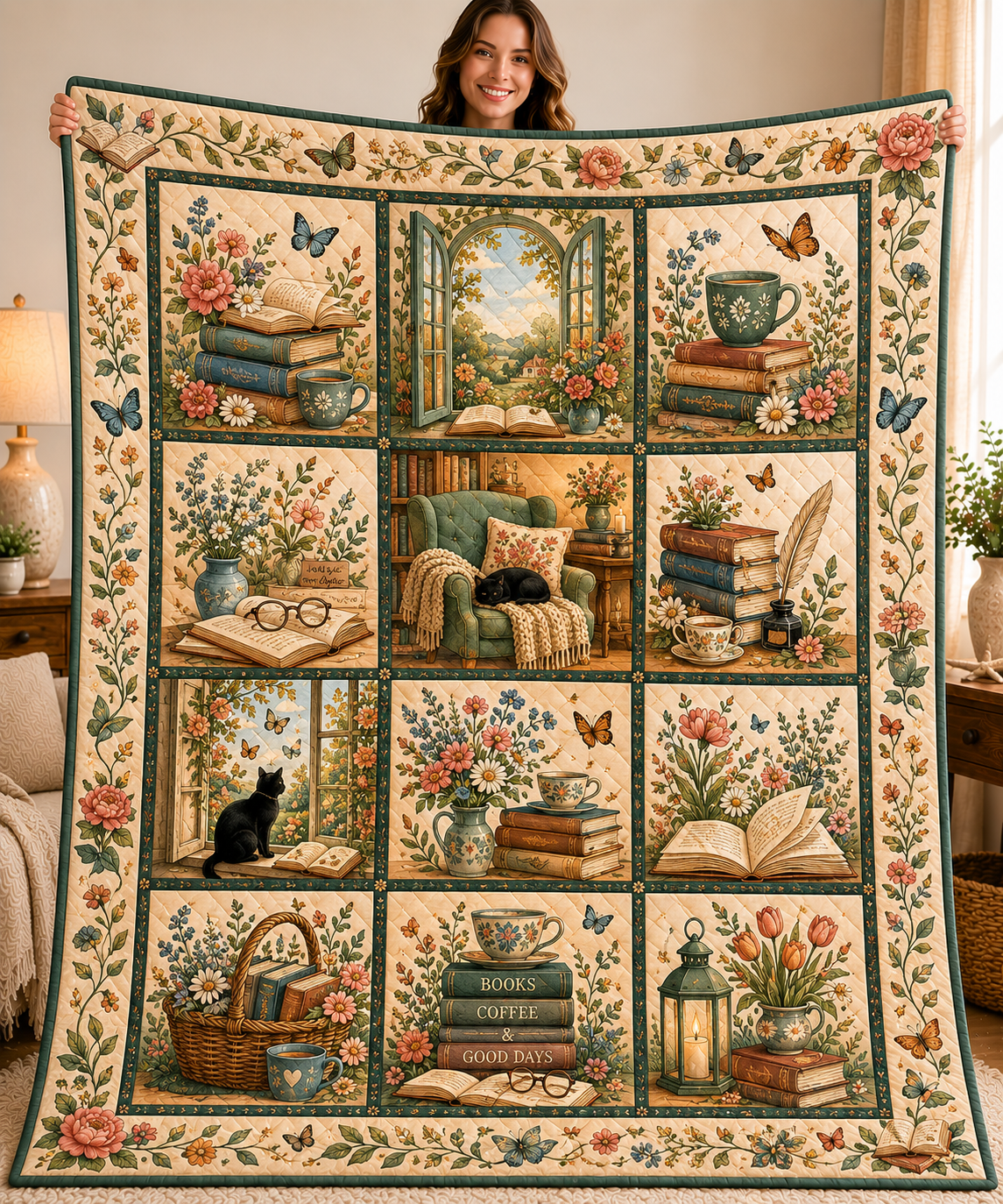 Cottagecore Bookish Floral Quilt Blanket, Cozy Reader Throw, Vintage Library Lover Home Decor URD-OZ207