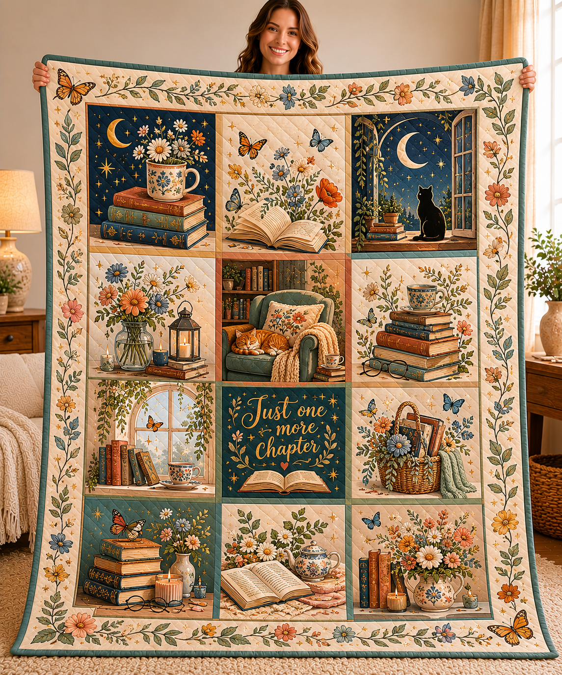 Cottagecore Bookish Floral Quilt, Cozy Reader Throw, Gift for Her