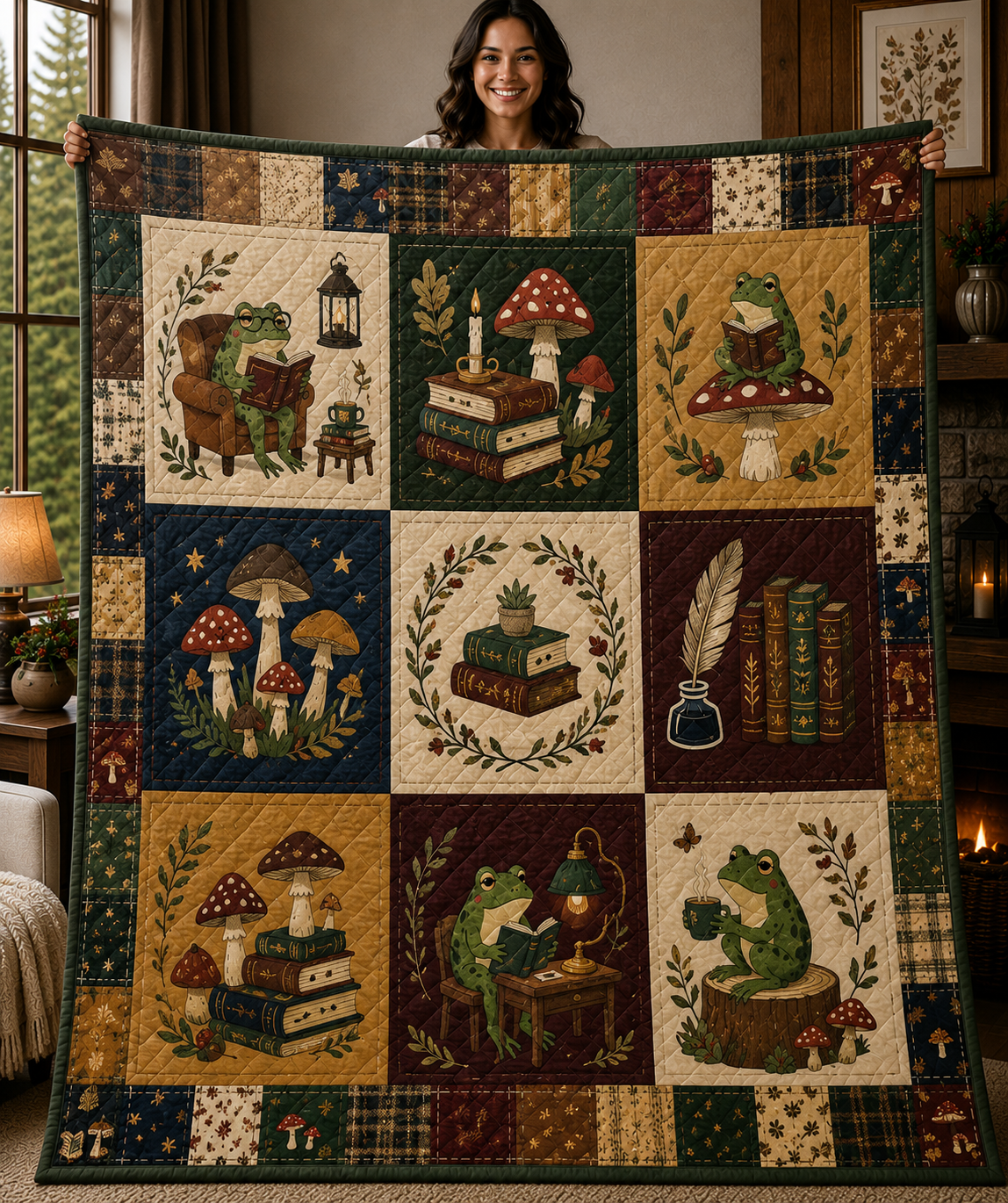 Frog Reading Book Quilt, Cottagecore Throw, Book Lover Gift for Her