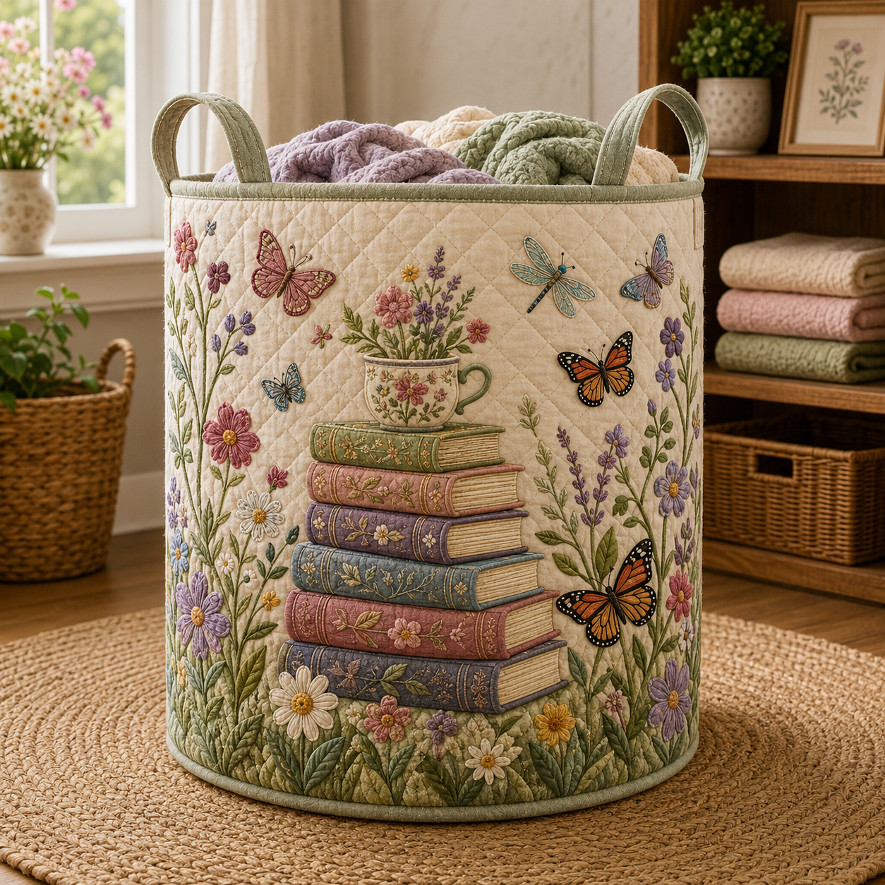 Butterfly Bookstack Quilted Laundry Basket, Book Lover Bin, Gift for Her