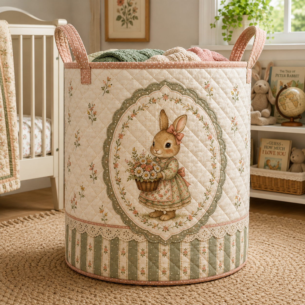 Vintage Bunny Quilted Laundry Basket, Sage Green Gingham, Cottagecore Nursery Hamper
