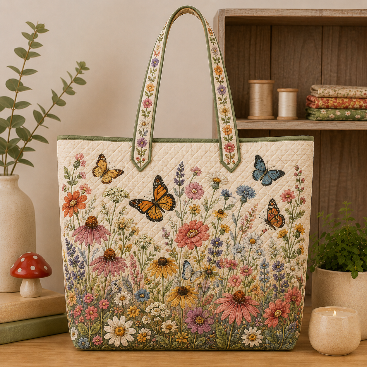 Boho Wildflower Butterfly Quilted Tote, Cottagecore Floral Bag