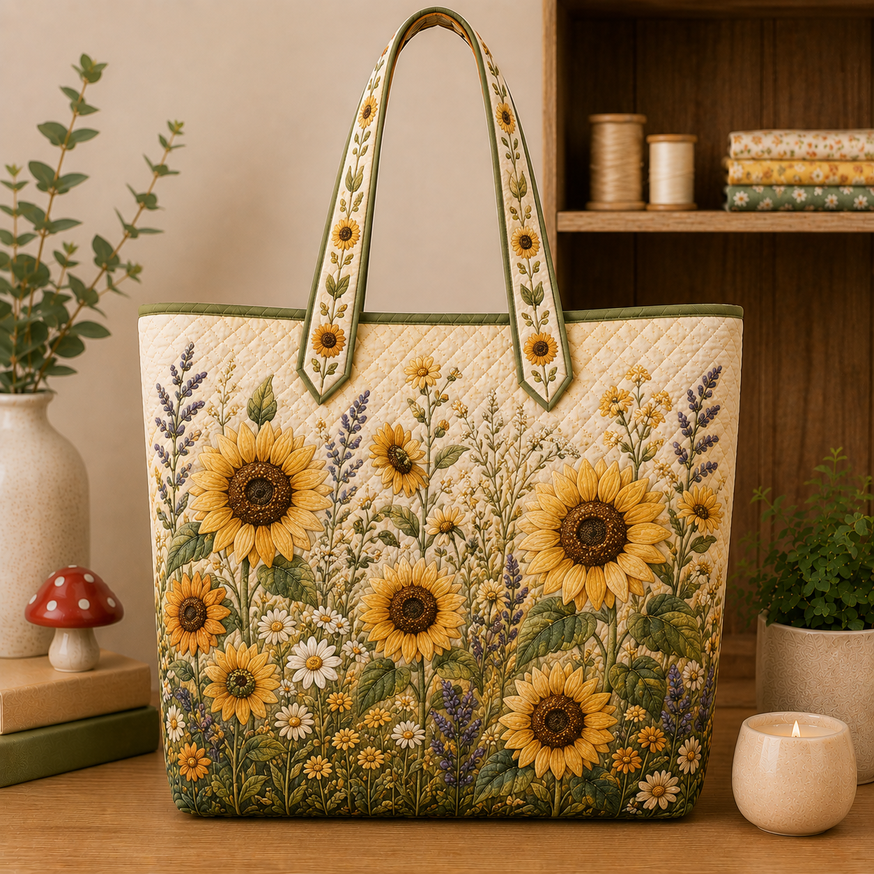Sunflower Quilted Tote Bag, Cottagecore Floral Market Bag, Boho