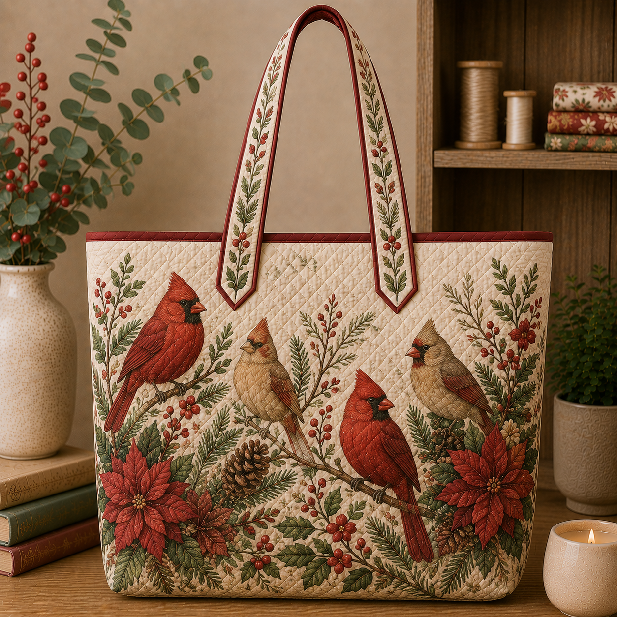 Cardinal Bird Quilted Tote Bag, Floral Cottagecore Market Bag