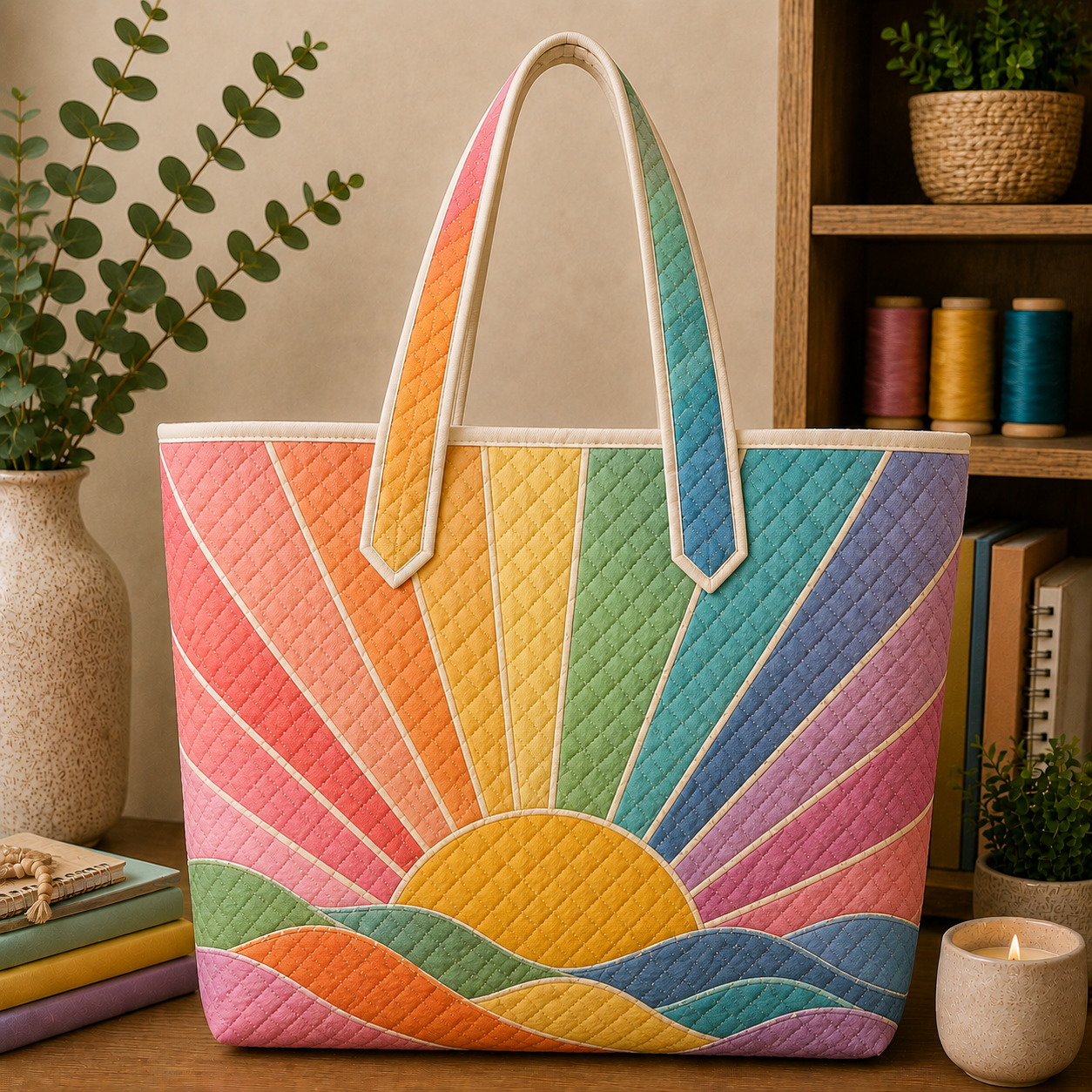 Rainbow Sunburst Quilted Tote Bag, Boho Hippie Market Bag, Gift for Her