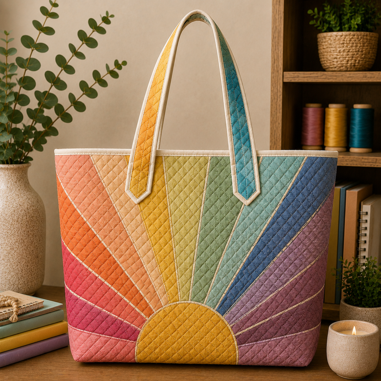 Rainbow Sunburst Quilted Tote Bag, Boho Hippie Market Bag, Gift for Her