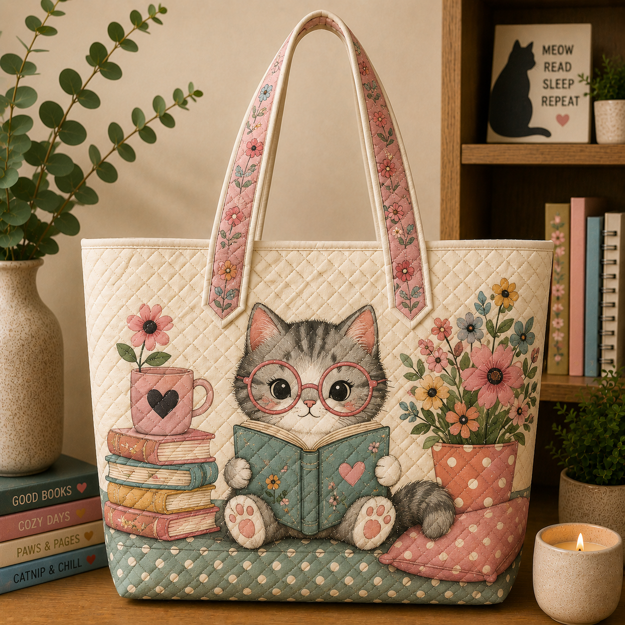 Floral Cat Reading Book Quilted Tote, Cottagecore Library Bag