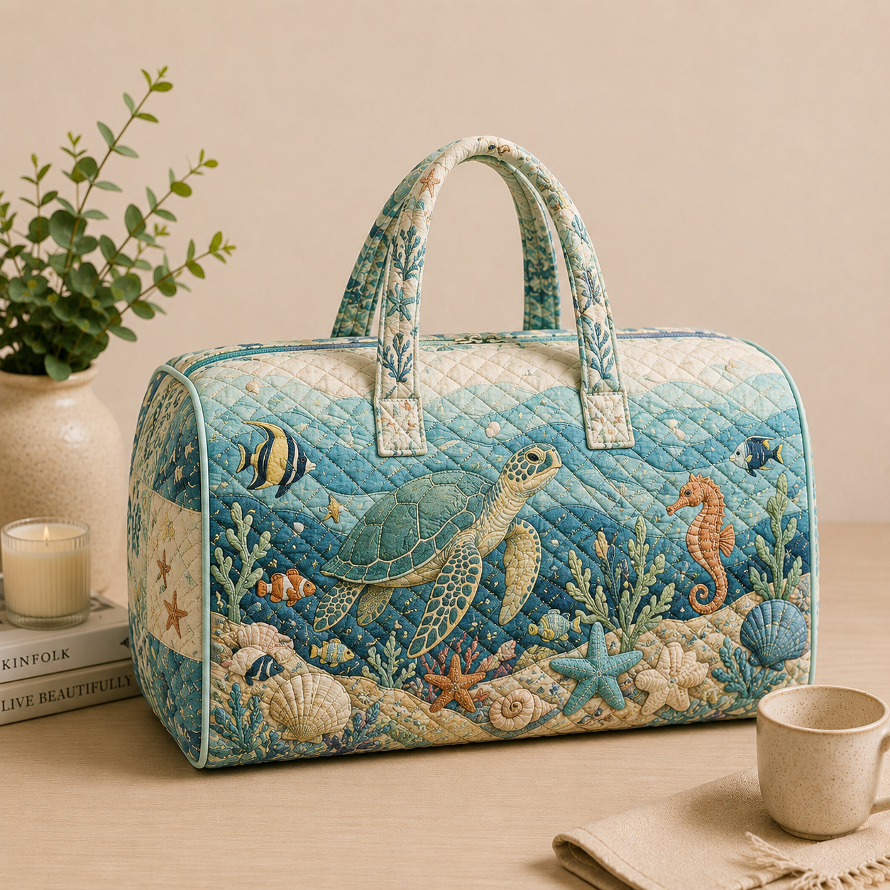 Sea Turtle Quilted Weekend Bag, Coastal Nautical Duffel, Gift for Her