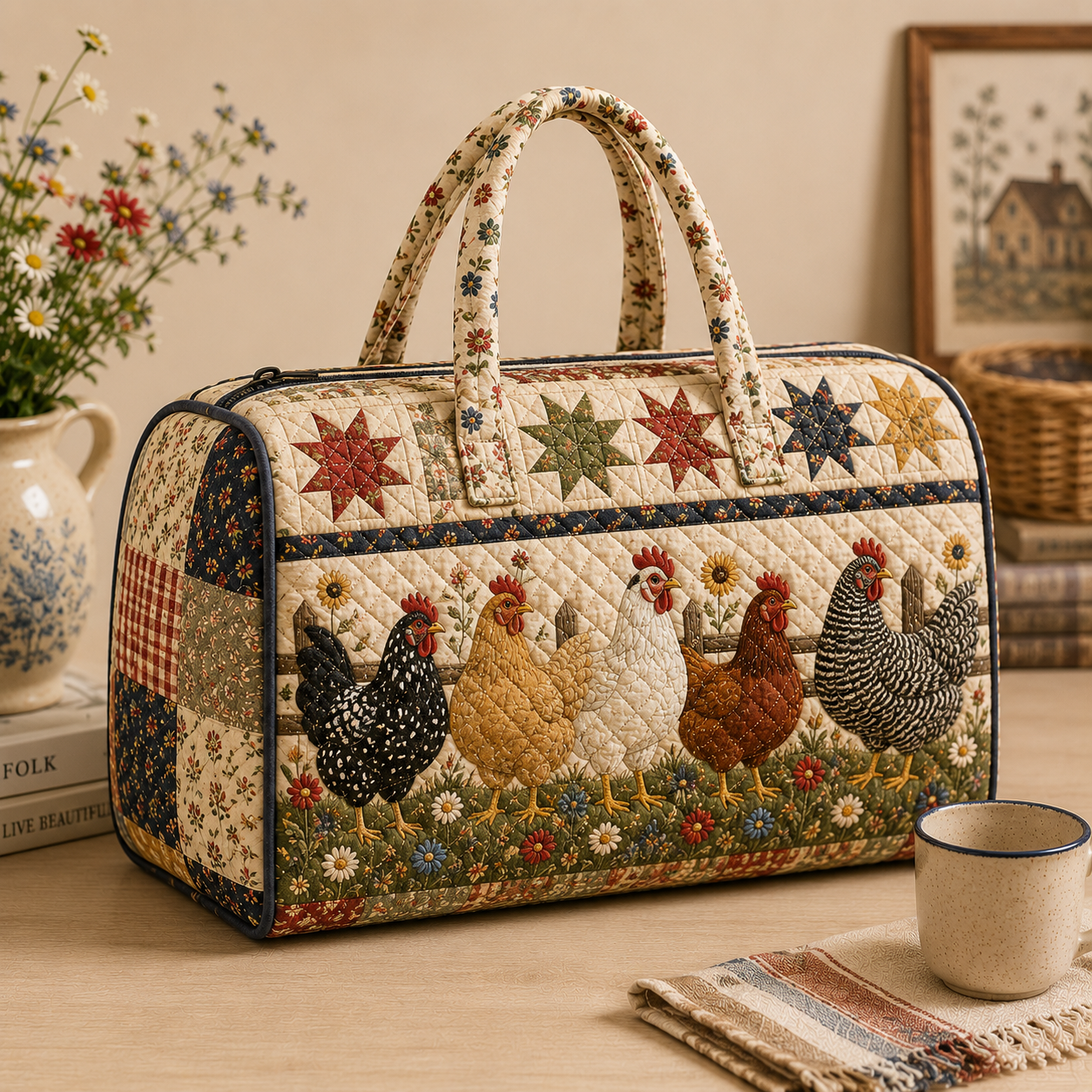 Farm Chicken Quilted Bag, Rustic Rooster Weekender, Gift for Her