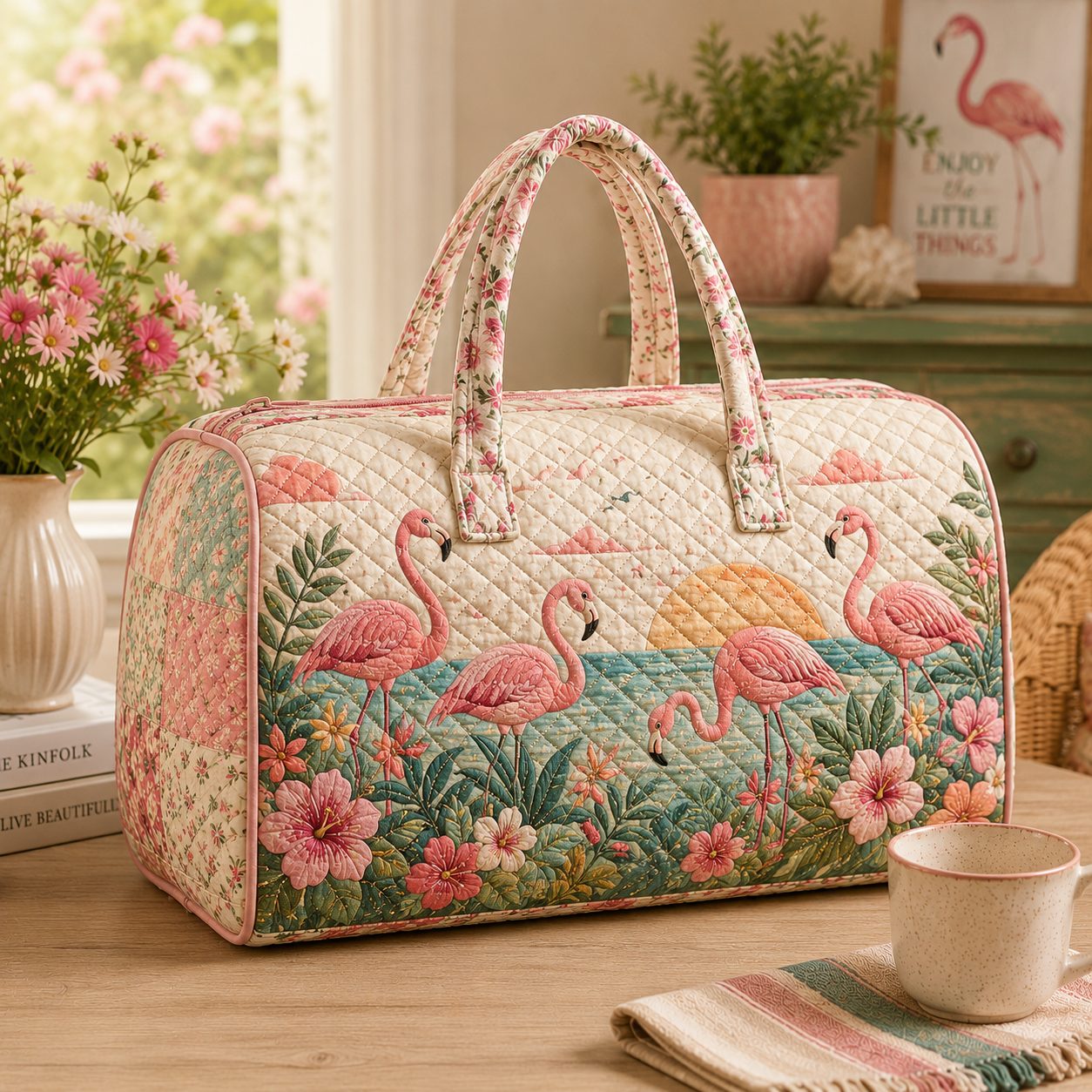 Pink Flamingo Quilted Bag, Tropical Beach Weekender, Gift for Her